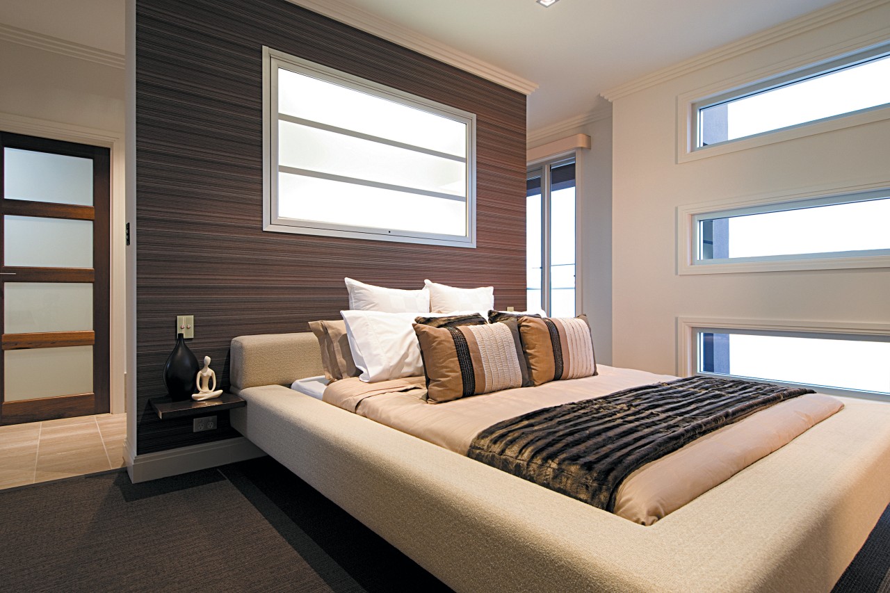 Clipsal C-Bus Saturn home automation switches offers good bed frame, bedroom, ceiling, floor, home, interior design, real estate, room, window, window covering, window treatment, wood, white, black