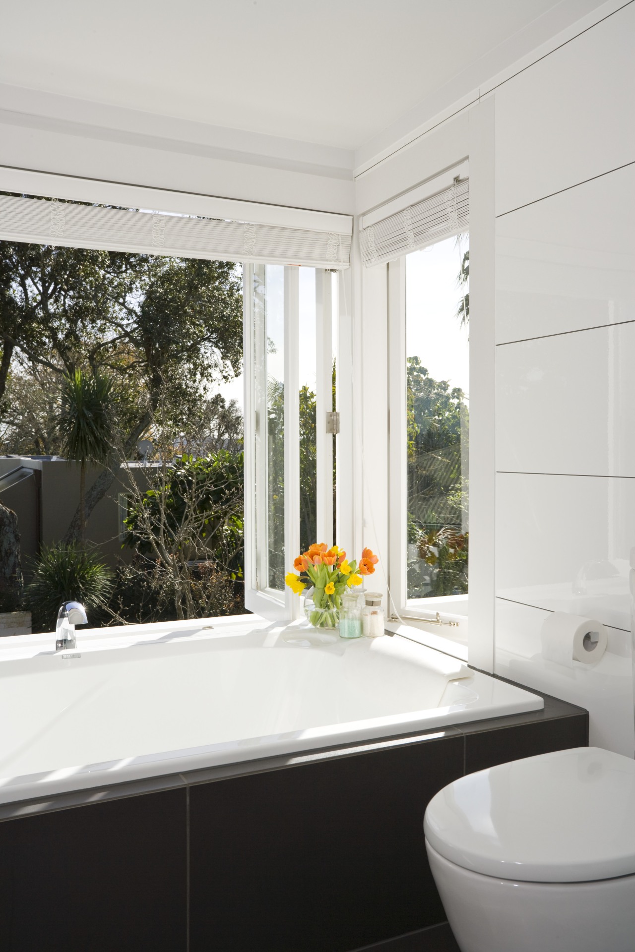 View of the contemporary bathroom showing the toilet, architecture, bathroom, home, house, interior design, plumbing fixture, real estate, room, sink, tap, window, white