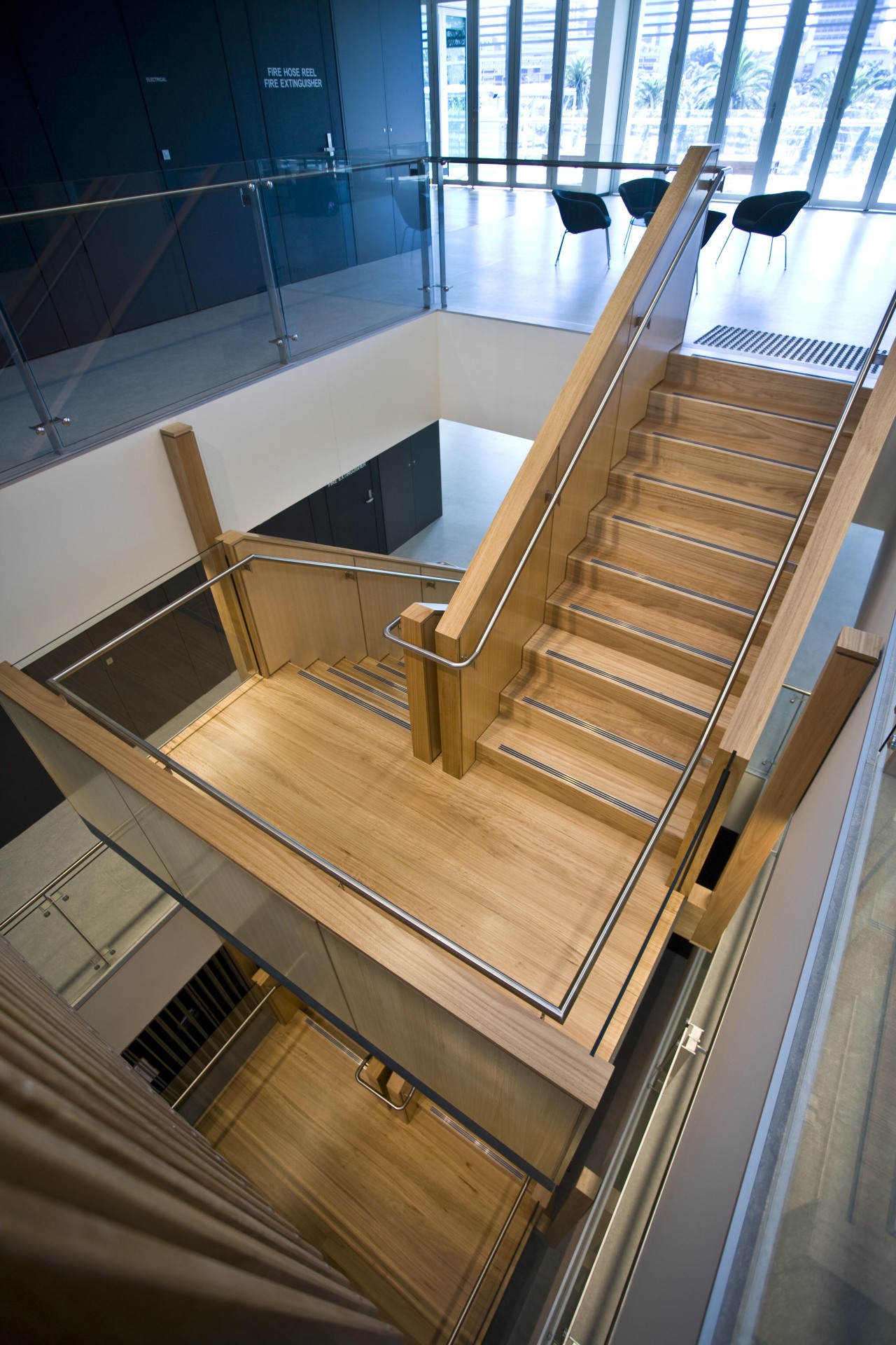 View of a custom designed staircase by Arden architecture, daylighting, furniture, glass, product design, stairs, wood, brown