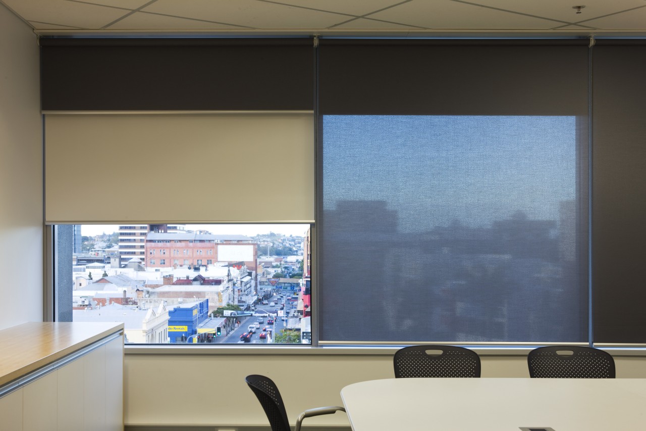 View of an office area in the ARUP display device, glass, interior design, office, projection screen, shade, technology, wall, window, window covering