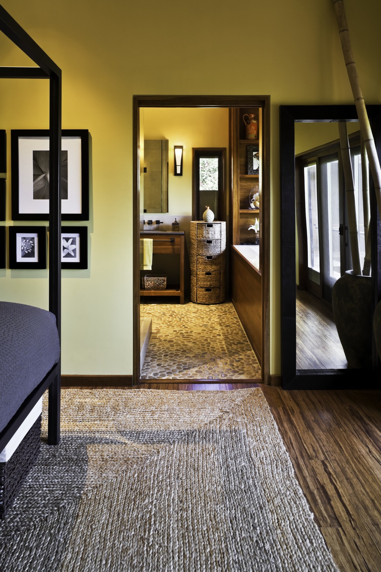 View of master bedroom with ensuite in the carpet, door, floor, flooring, hardwood, interior design, laminate flooring, living room, real estate, room, wood, wood flooring, brown