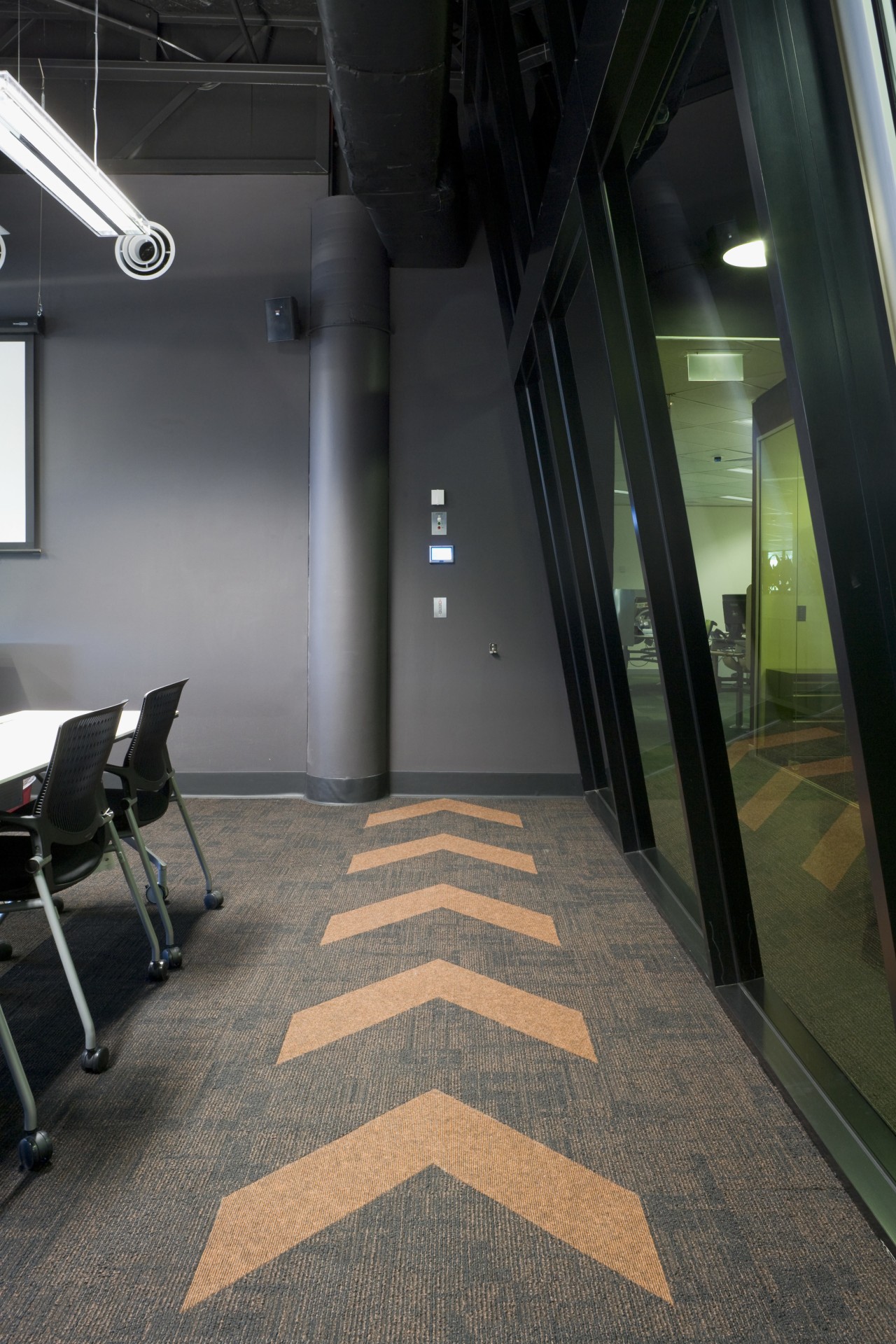 Asset Flooring worked alongside designers Smith Madden to architecture, daylighting, floor, flooring, hardwood, interior design, lobby, wood, wood flooring, black, gray