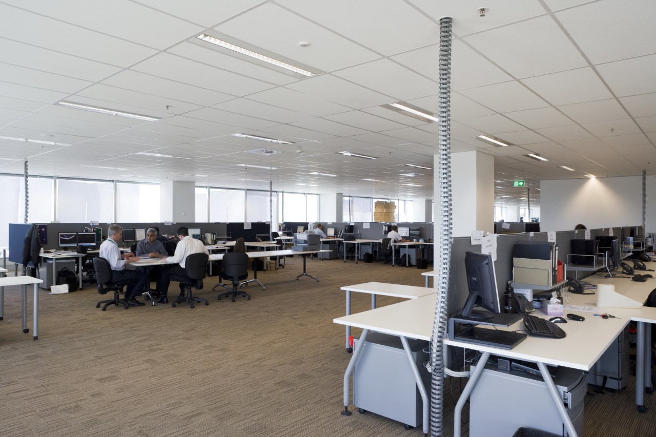 Green initiatives in the Green Square North Tower ceiling, office, gray