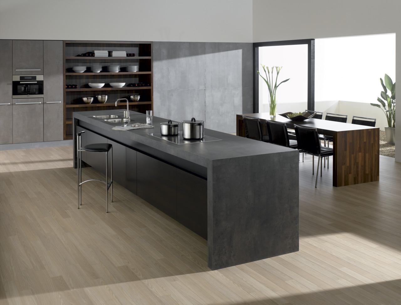 View of kitchen which features vinyl surfaces on countertop, floor, flooring, furniture, hardwood, interior design, kitchen, laminate flooring, product design, table, tile, wood, wood flooring, gray