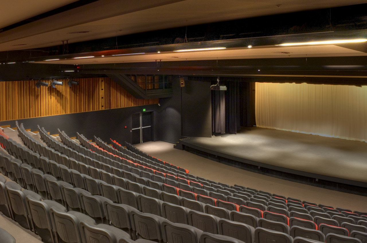 View of a 364-seat auditorium at the QACI auditorium, performing arts center, theatre, black, brown