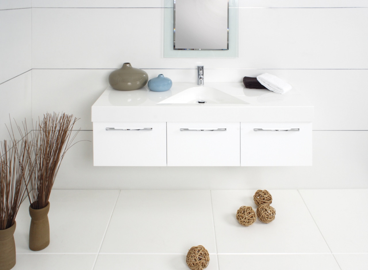 The new Mirage vanity, from design innovators Architectural bathroom, bathroom accessory, bathroom cabinet, bathroom sink, ceramic, drawer, floor, flooring, furniture, plumbing fixture, product, product design, sink, tap, tile, white