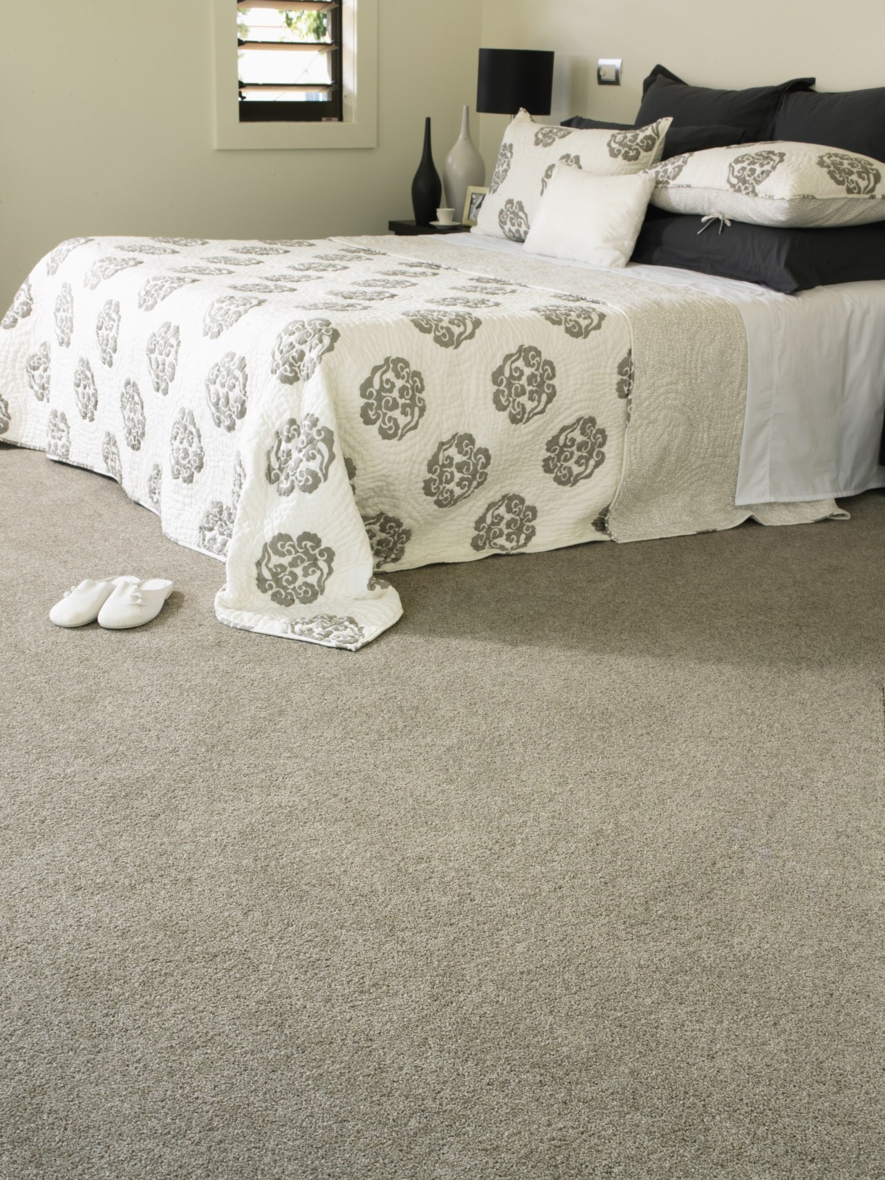 Feltex Carpets Classic Cayenne in colour Grey Modd bed, bed frame, bed sheet, bedding, bedroom, carpet, cushion, duvet cover, floor, flooring, furniture, laminate flooring, linens, mattress, textile, wood flooring, gray