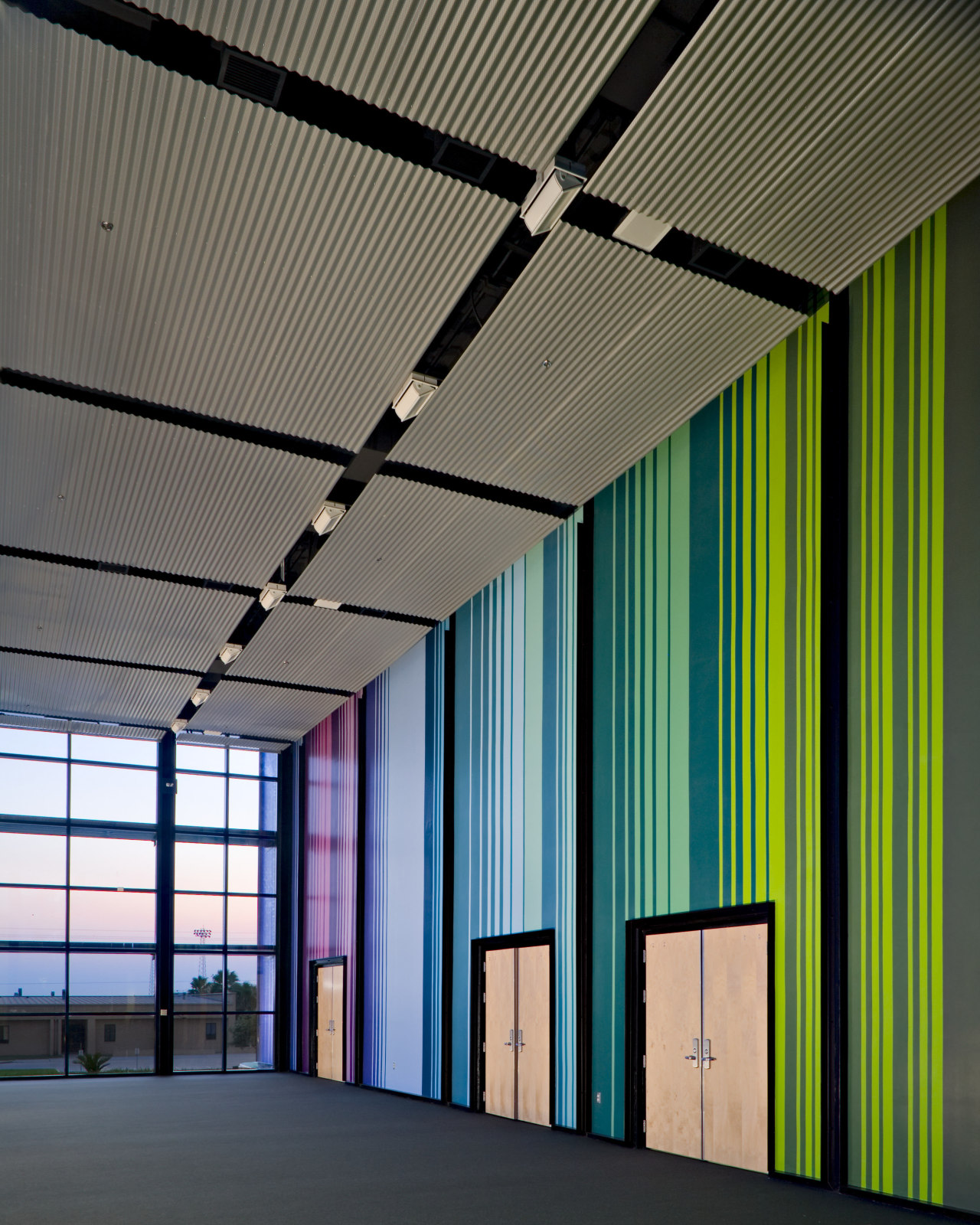 View of the mural which extends from the architecture, ceiling, daylighting, facade, interior design, line, structure, gray