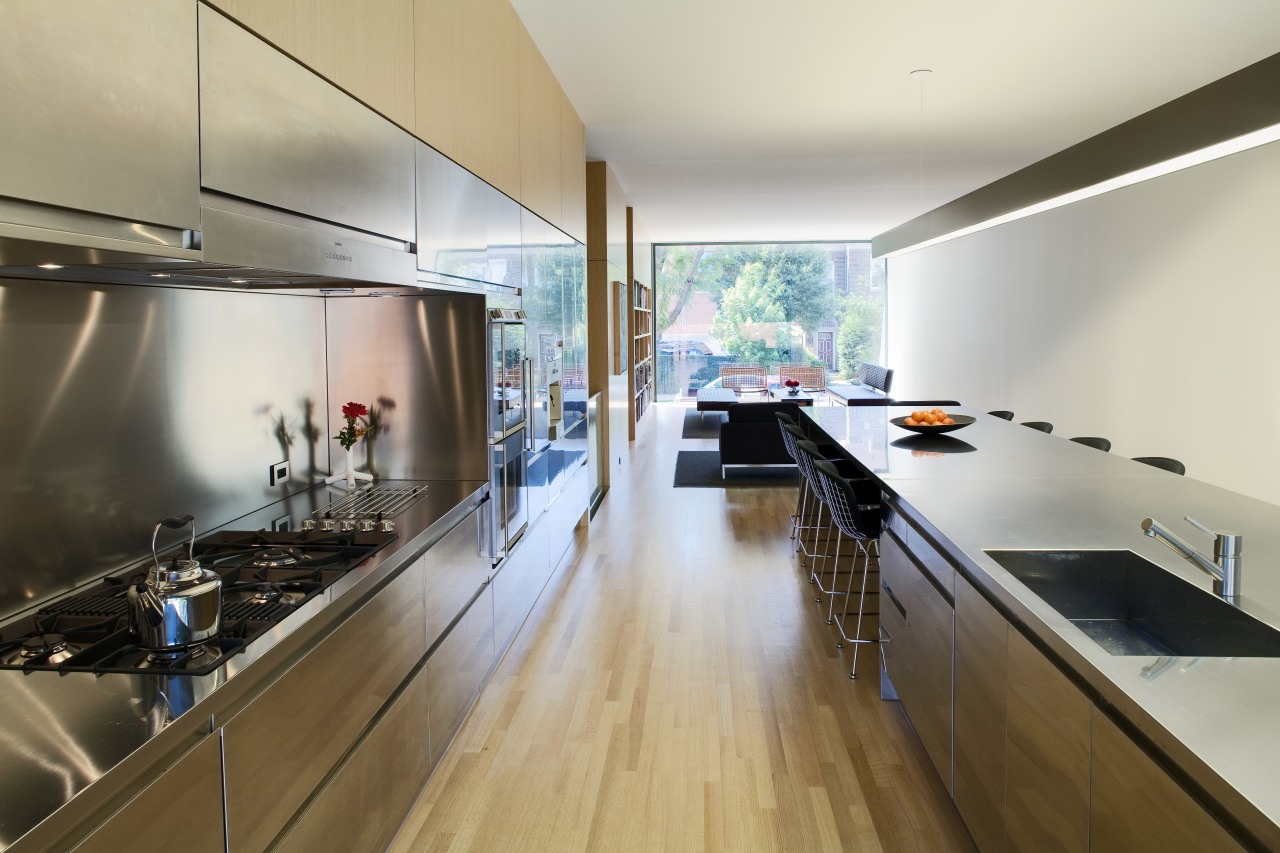 View of kitchen which features quartersawn red oak architecture, countertop, house, interior design, kitchen, gray, brown