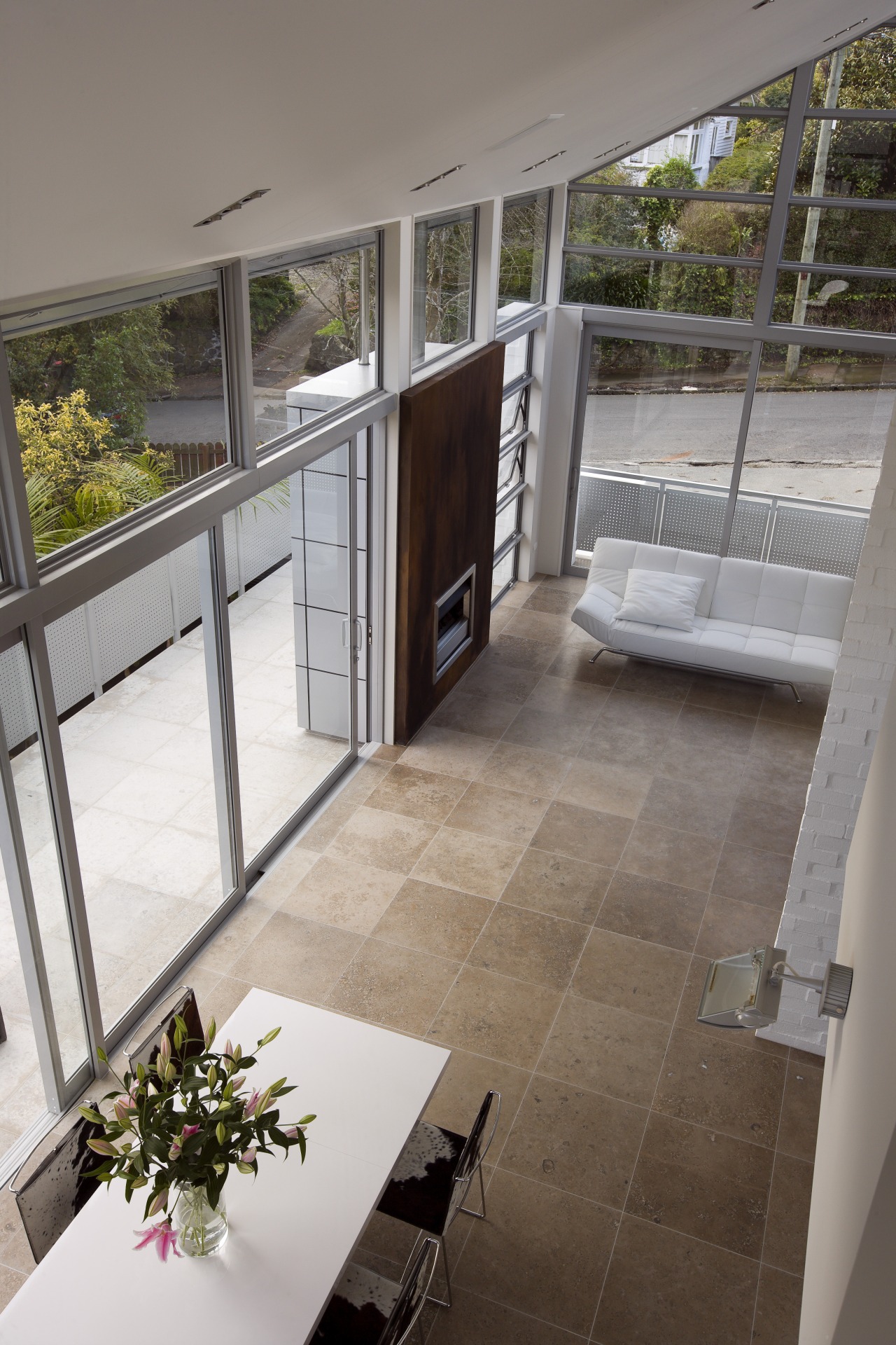 View of sliding doors from Able Aluminium. apartment, architecture, balcony, daylighting, door, floor, flooring, glass, handrail, home, house, interior design, property, real estate, window, gray