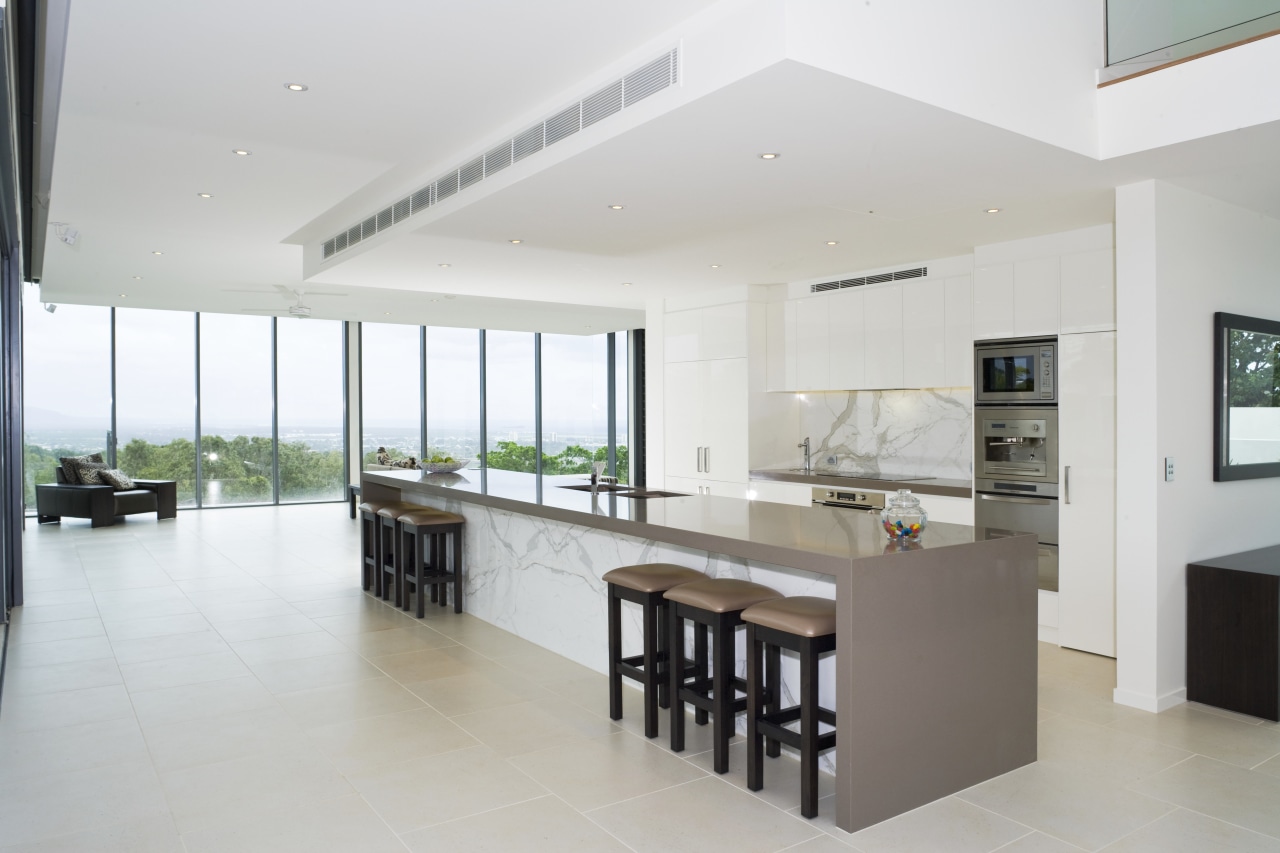 Image of the kitchen with breakfast bar and estate, floor, flooring, house, interior design, kitchen, property, real estate, gray