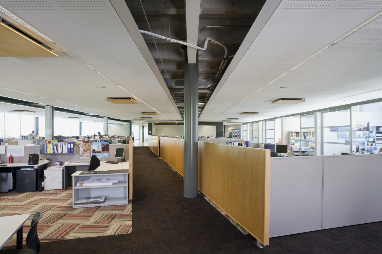 Image of fit-out in Stephenson & Turner ceiling, daylighting, institution, interior design, office, gray