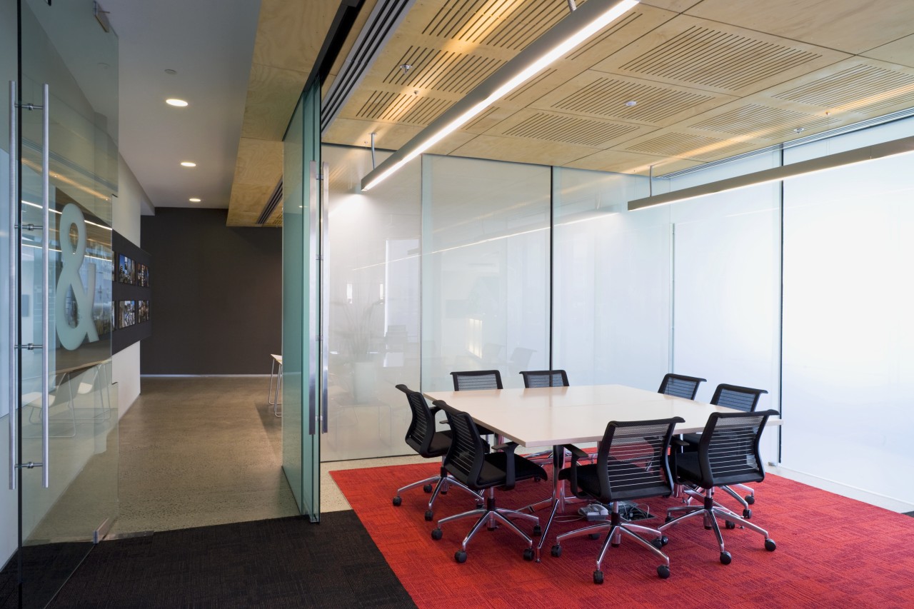 Image of fit-out in Stephenson & Turner architecture, ceiling, conference hall, glass, interior design, office, real estate, wall, white