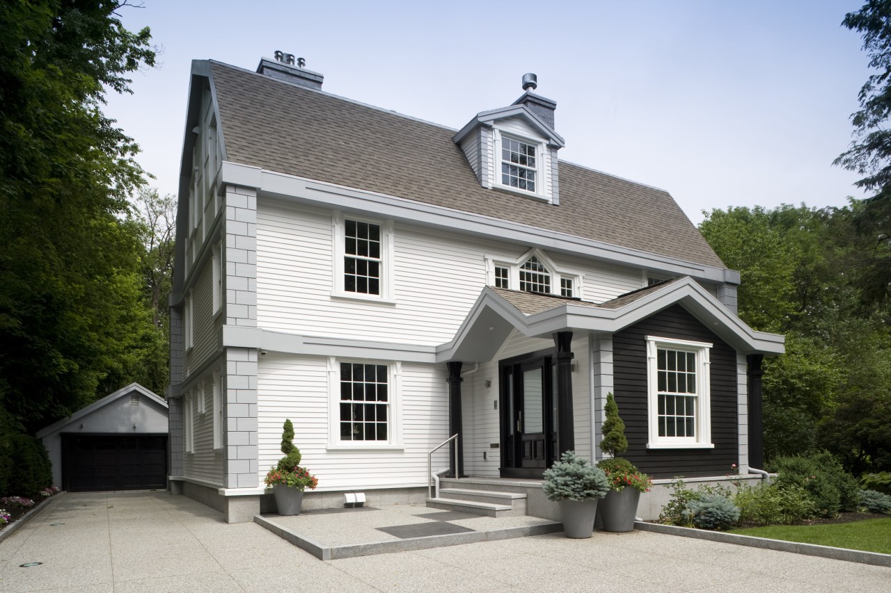 Exterior view of house featuring landscaping, oak roofing, building, cottage, elevation, estate, facade, farmhouse, historic house, home, house, mansion, property, real estate, roof, siding, window, white