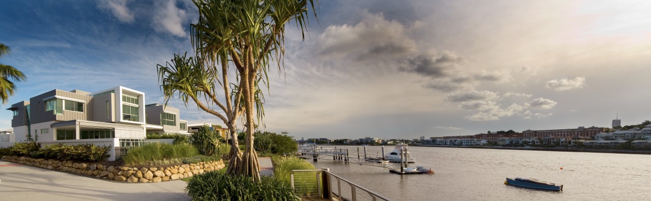 Images of the interior and exterior of Brisbanes condominium, home, mixed use, neighbourhood, property, real estate, residential area, sky, suburb, waterway, gray