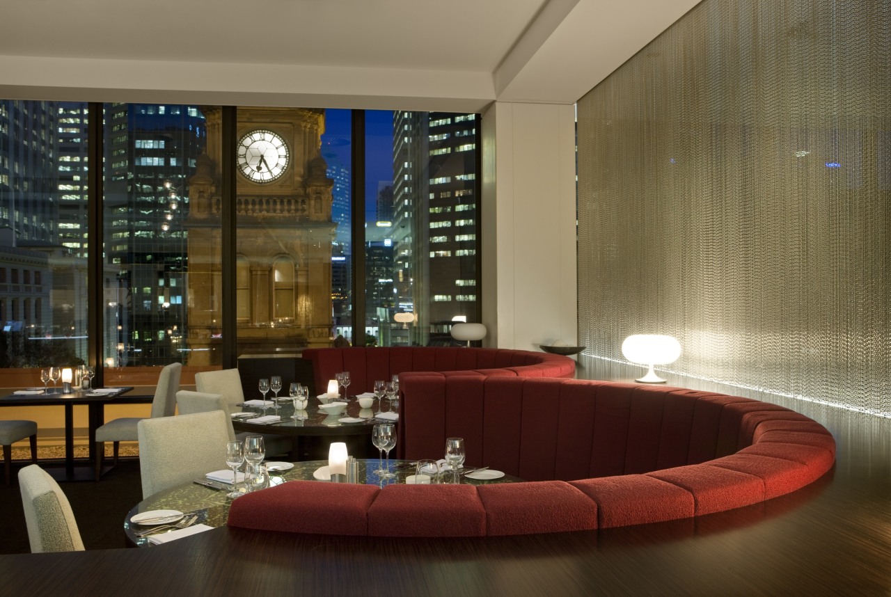 Interior view of the refurbished Sofitel Brisbane which interior design, lighting, lobby, restaurant, brown