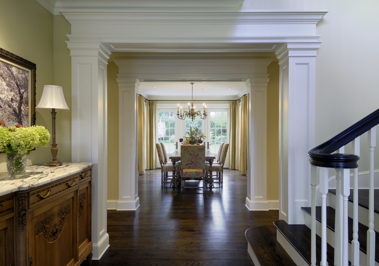 View of the dining room from the bottom ceiling, dining room, door, estate, floor, flooring, hardwood, home, house, interior design, living room, molding, property, real estate, room, wall, window, wood, wood flooring, gray, brown