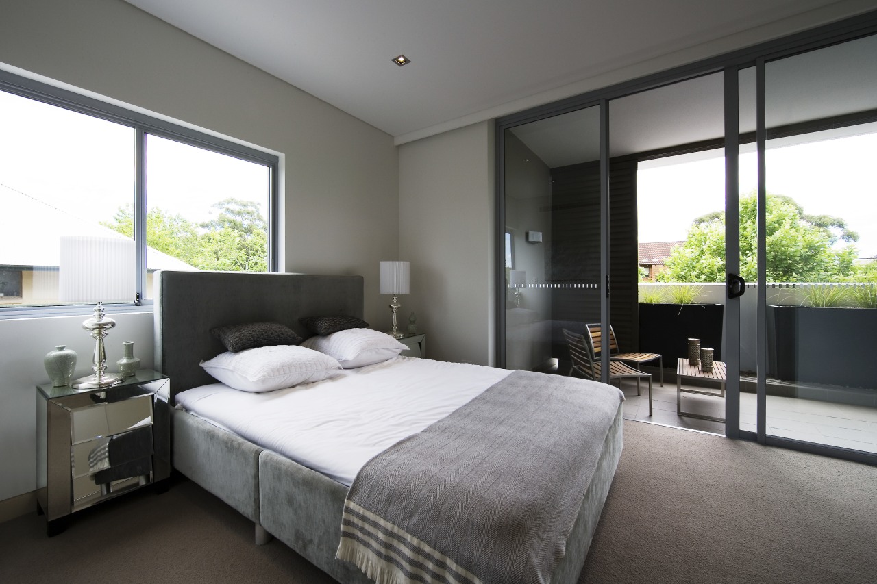 Images of the new residential apartments in Cammeray. architecture, bed frame, bedroom, ceiling, home, house, interior design, property, real estate, room, suite, window, gray, black