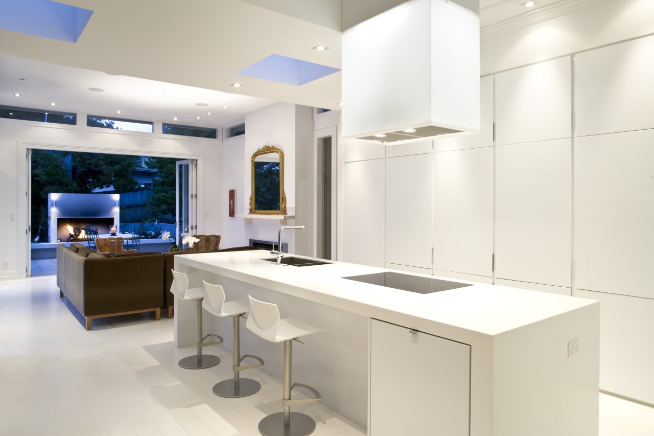 View of kitchen which features a kitchen island countertop, interior design, kitchen, product design, room, white