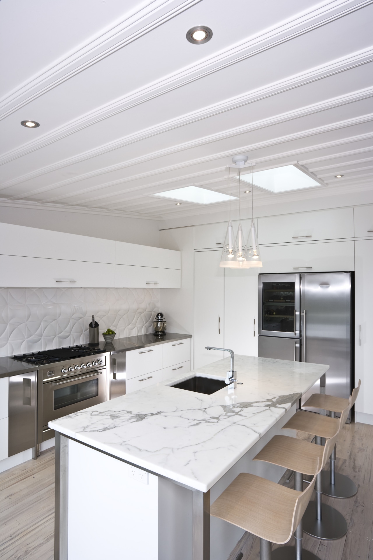 View of the kitchen and dining room where ceiling, countertop, daylighting, interior design, kitchen, gray, white