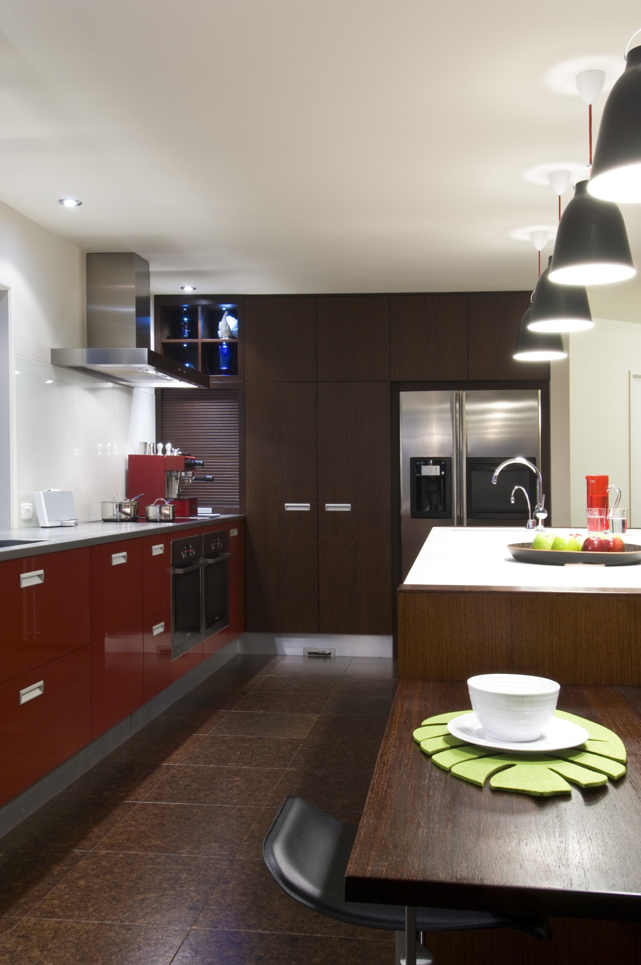 View of open-planned kitchen which features a kitchen countertop, interior design, kitchen, room, gray, black