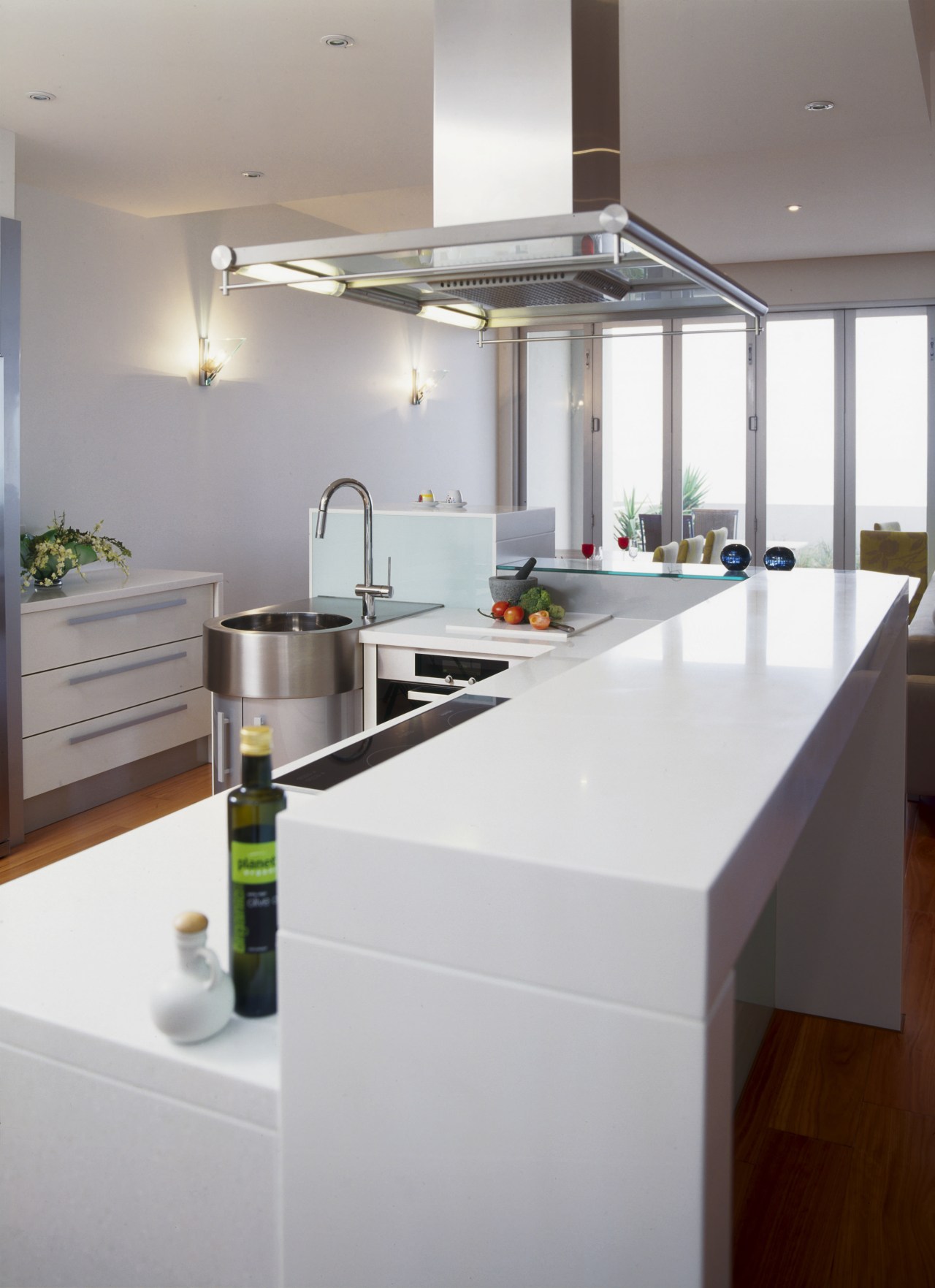 View of kitchen and dining area which features countertop, interior design, kitchen, gray, white