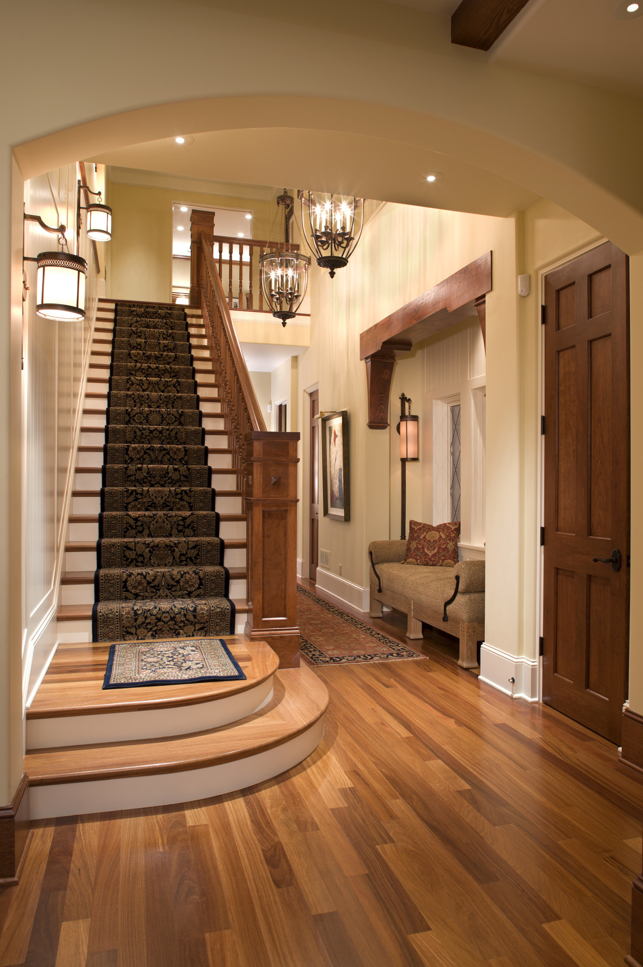 Interior view of this home designed by Charlie ceiling, floor, flooring, hardwood, home, interior design, laminate flooring, living room, lobby, room, stairs, wood, wood flooring, brown, orange