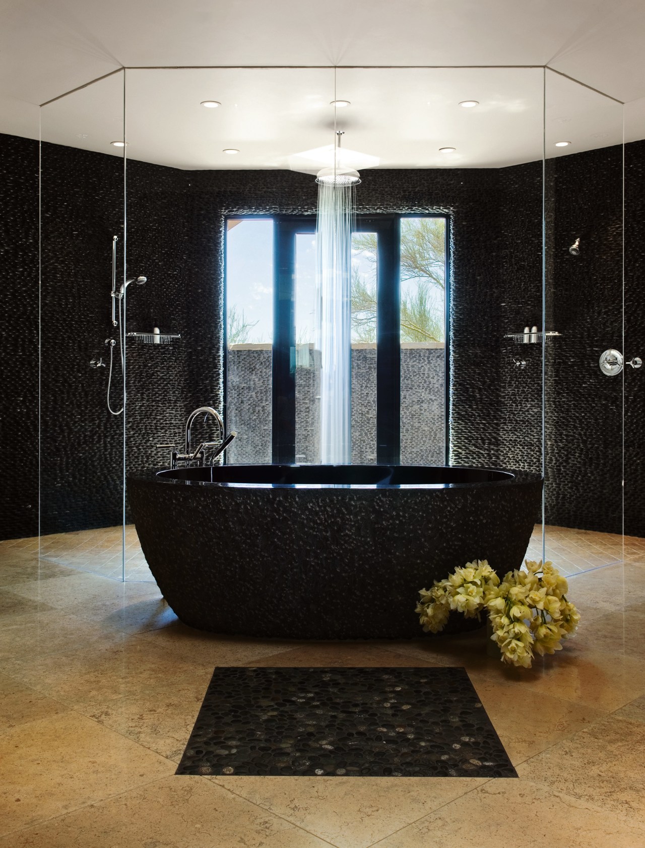 View of freestanding bathtub, featuring limestone tiled flooring bathroom, floor, flooring, glass, interior design, plumbing fixture, room, tile, black