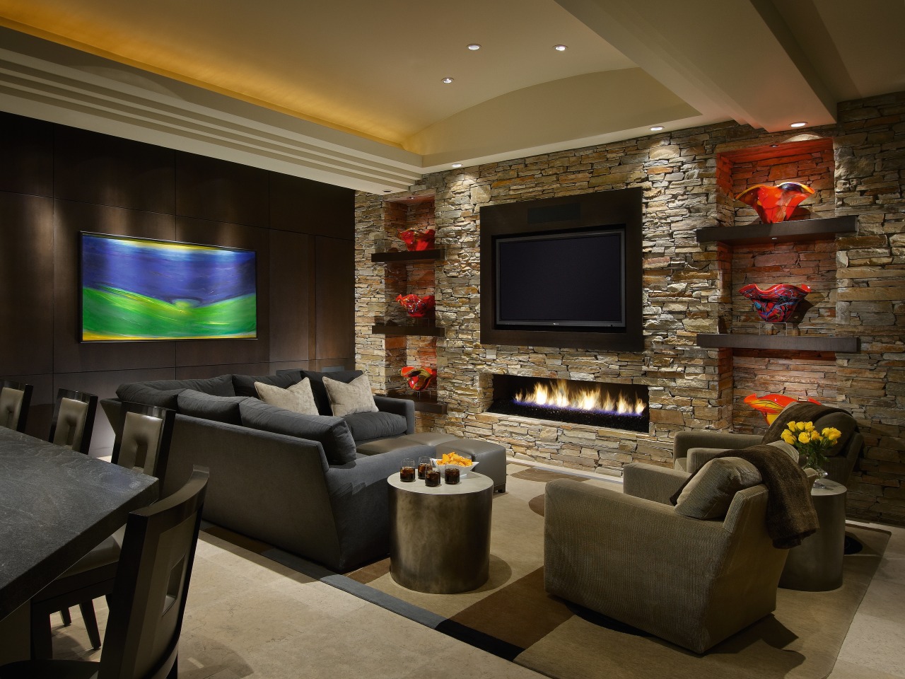 View of family room featuring dark stained wood interior design, living room, lobby, room, wall, black, brown