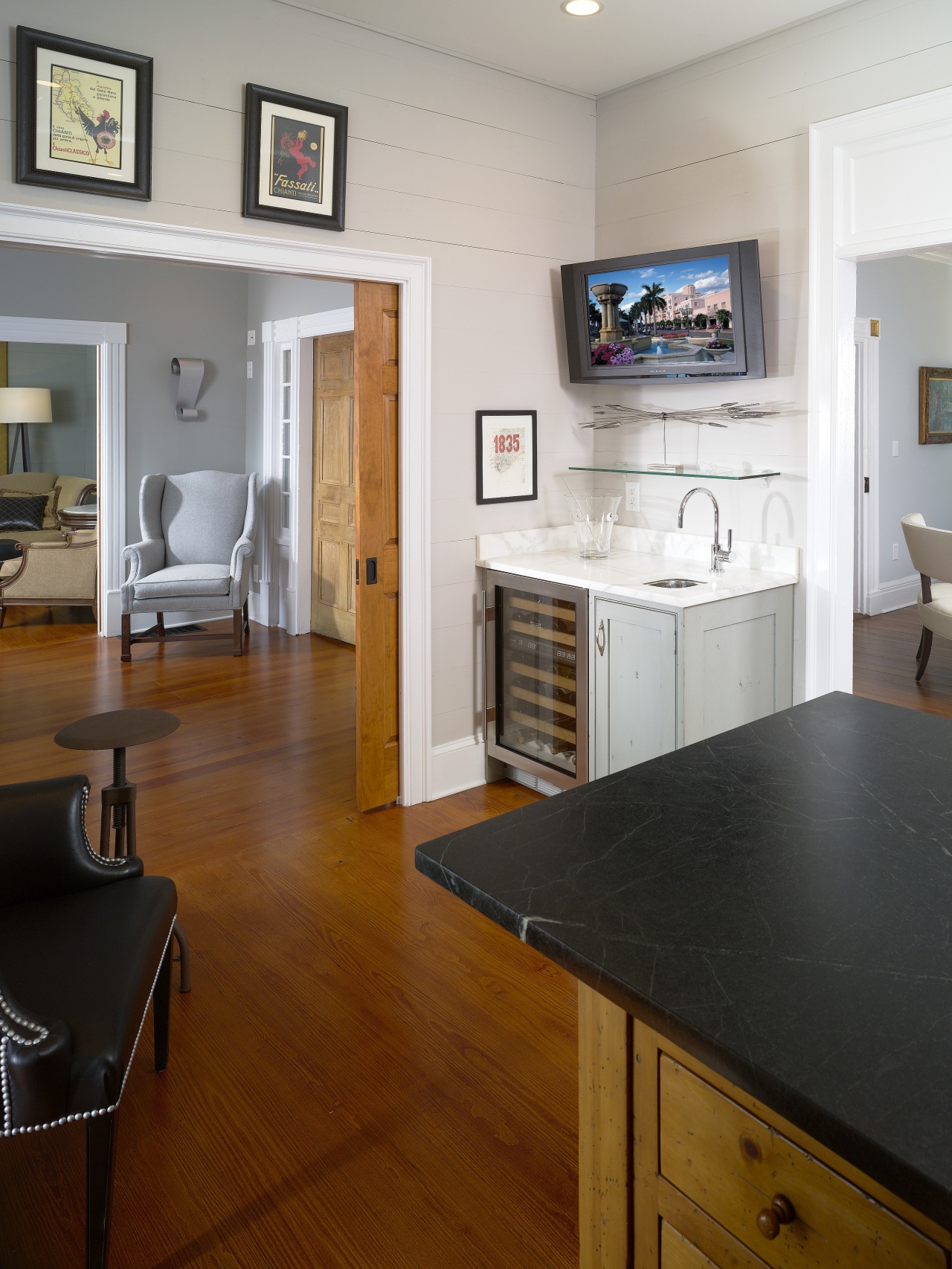 View of separate drinks area with wine fridge countertop, floor, flooring, furniture, hardwood, interior design, kitchen, laminate flooring, living room, real estate, room, table, wood, wood flooring, gray