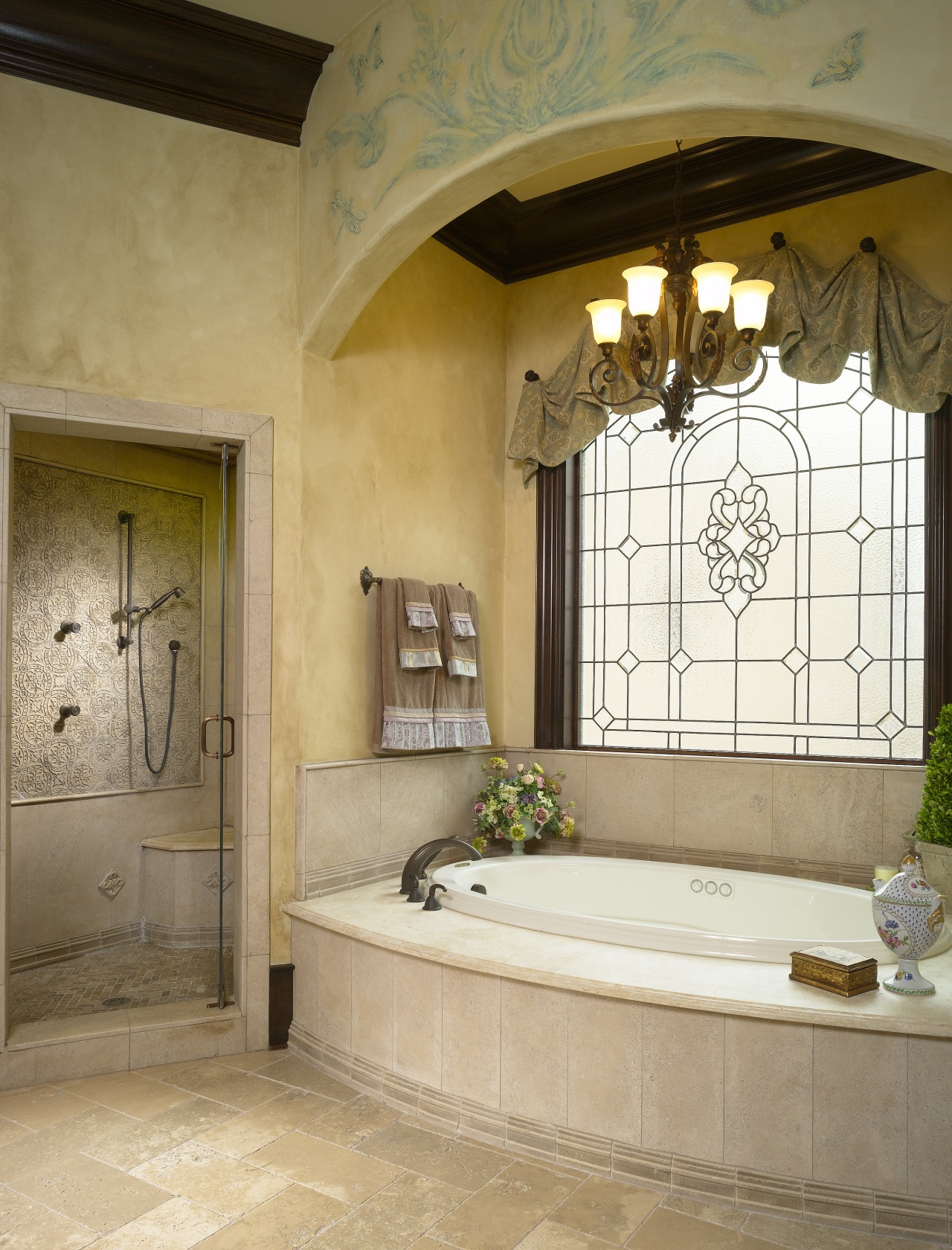 View of bathtub with stone tiled surround, chandelier bathroom, ceiling, estate, floor, flooring, home, interior design, room, window, brown, orange