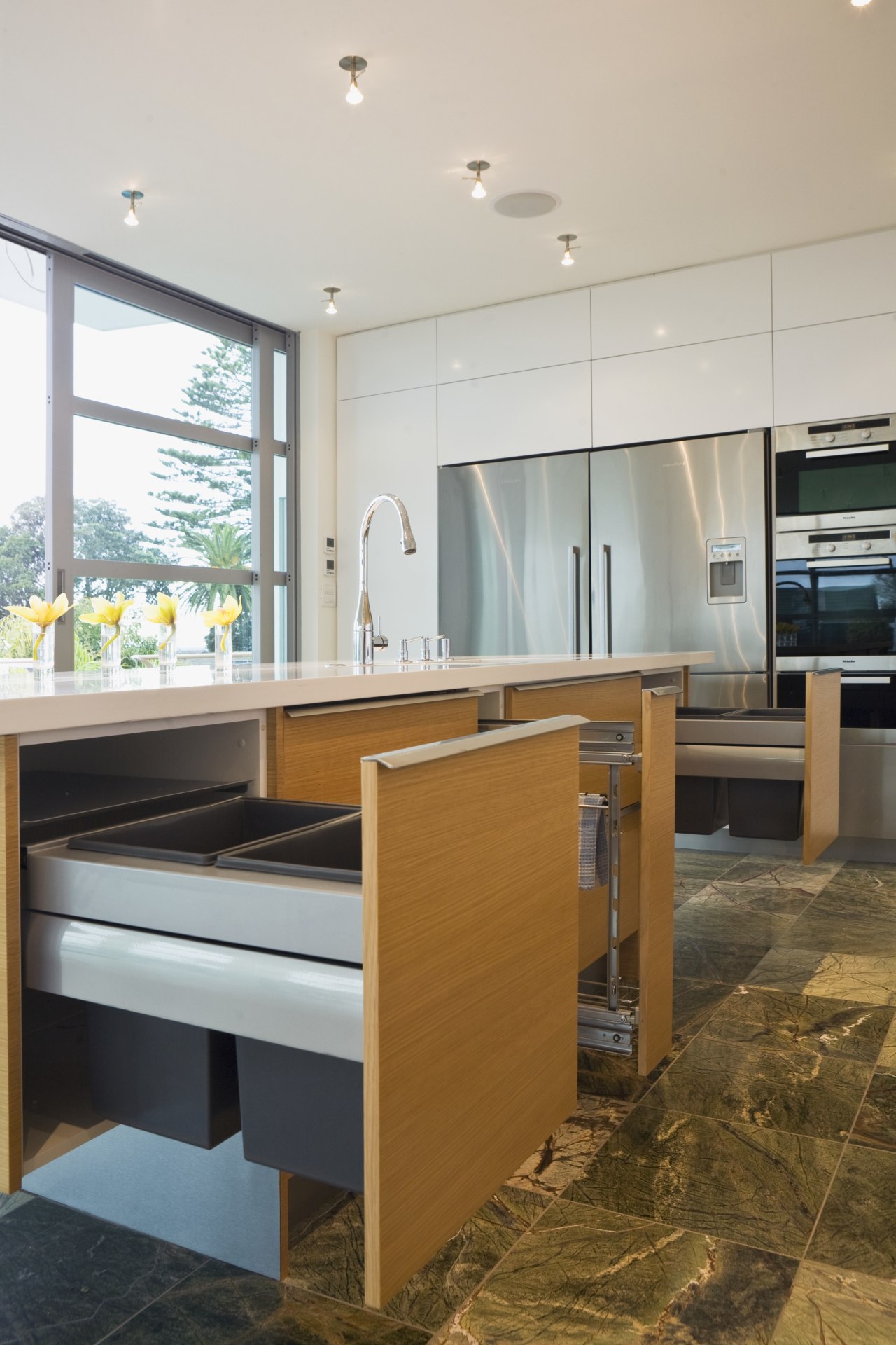 View of kitchen which features cabinetry designed and countertop, floor, interior design, kitchen, gray, brown