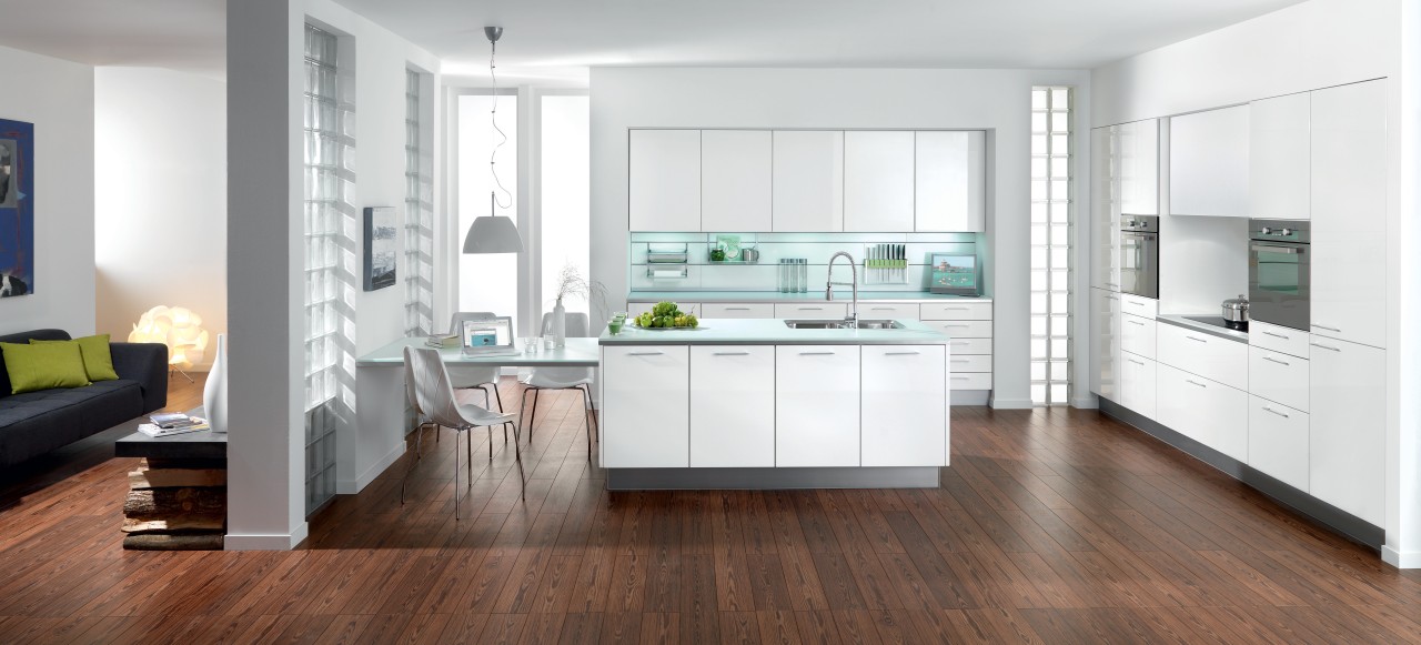 Image of the Kitchen deigned by Schmidt Kitchens countertop, floor, flooring, hardwood, interior design, kitchen, laminate flooring, living room, room, wood flooring, white