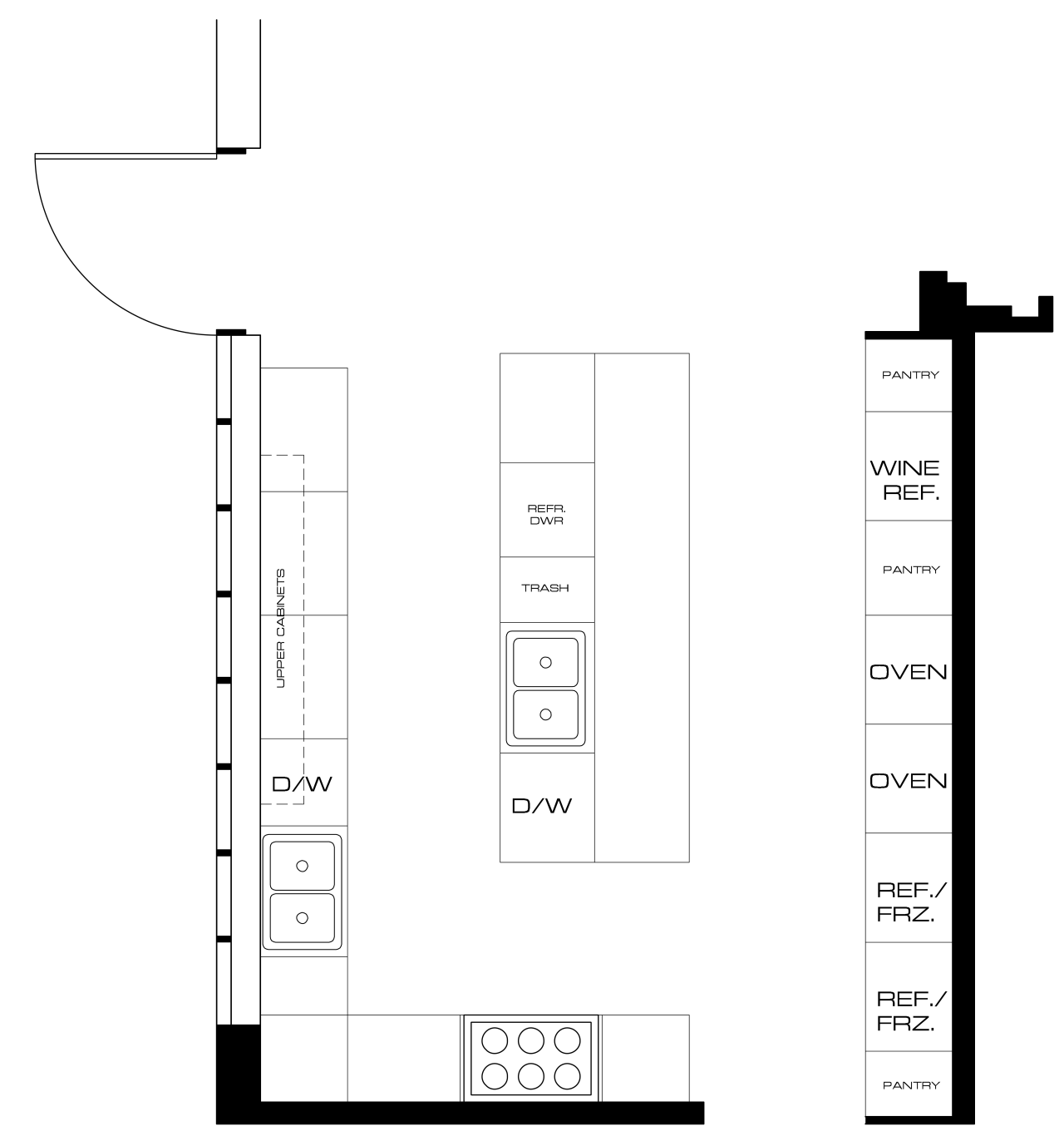 View of floor plans for kitchen area, black and white, diagram, font, line, product design, structure, text, white