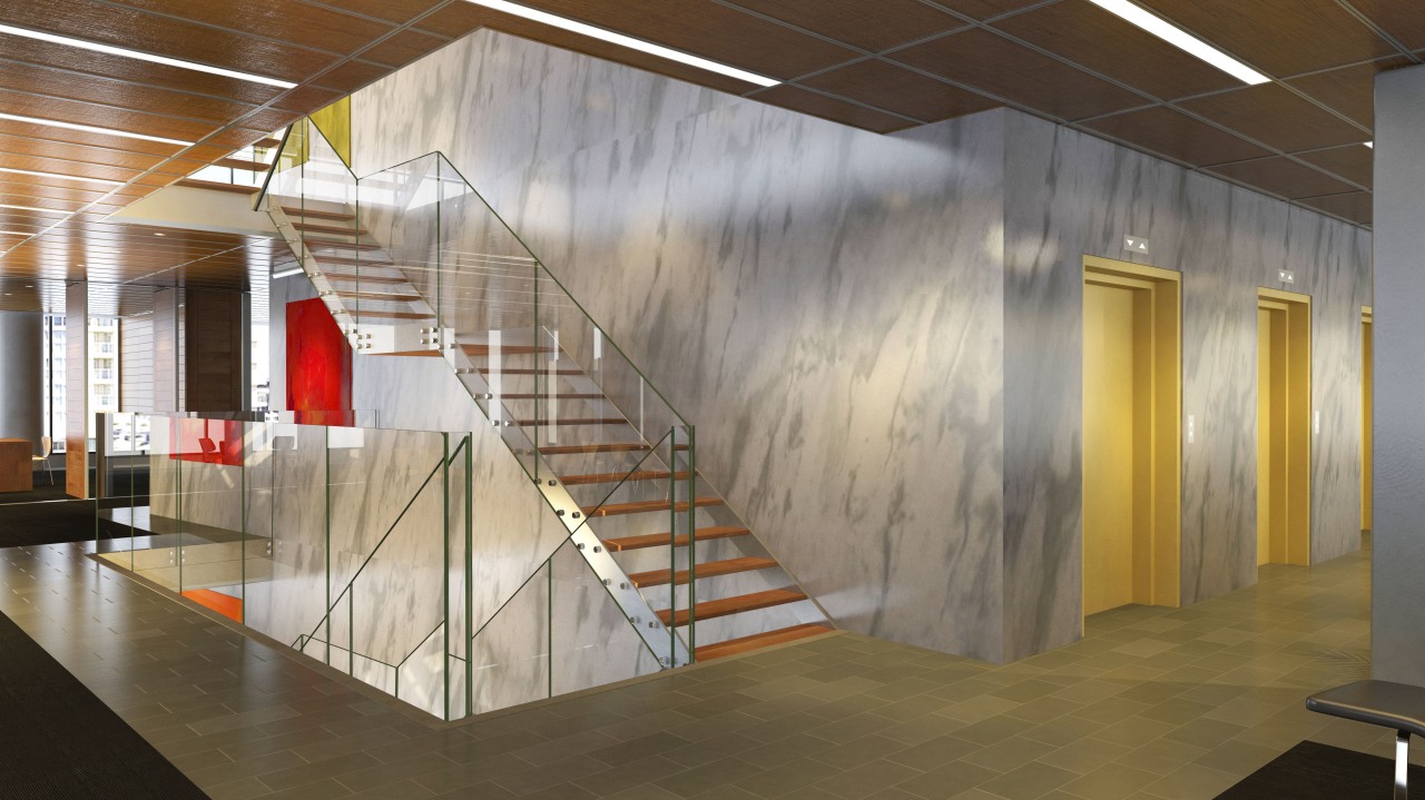 View of a stairway with glass balustrade inside architecture, ceiling, floor, interior design, lobby, wall, gray, brown