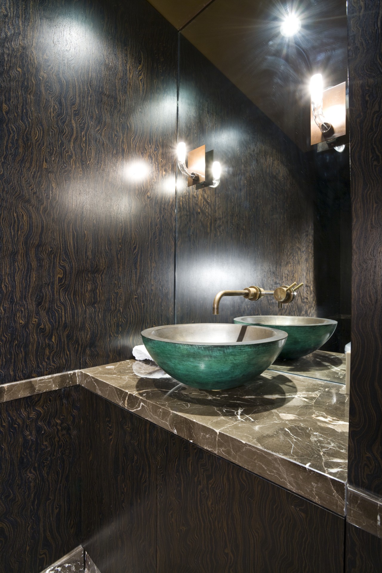 View of powder room, dark stained veneer vanity bathroom, countertop, floor, flooring, interior design, room, tile, wall, black