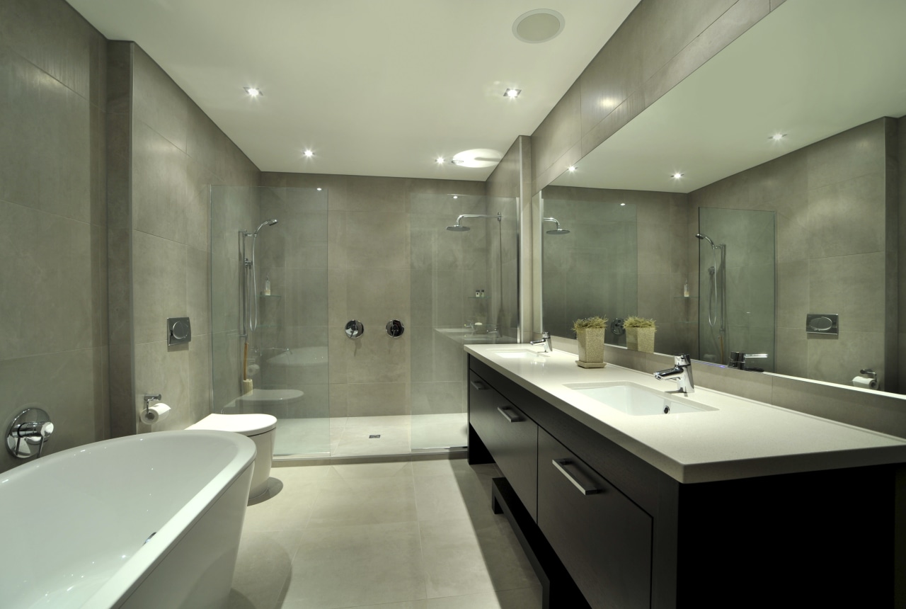 View of a bathroom which features several surfaces architecture, bathroom, ceiling, countertop, estate, interior design, property, room, sink, green