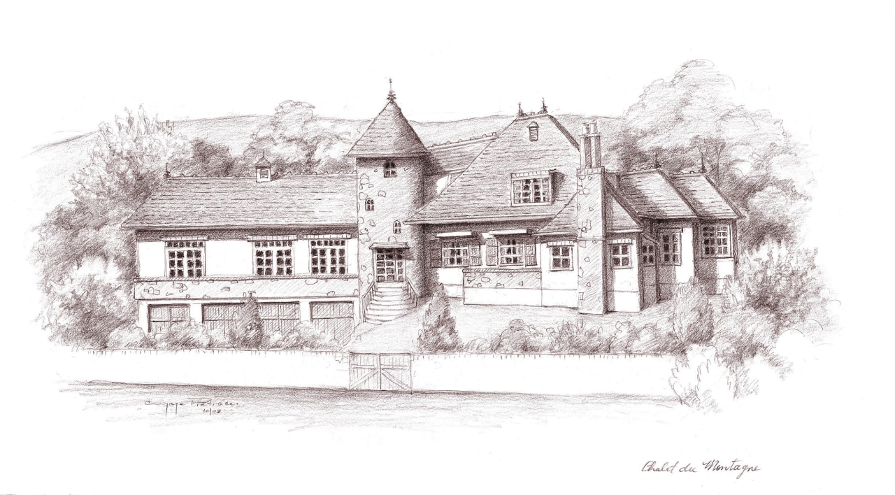 Architects drawing of French Provincial-style house which harness almshouse, artwork, black and white, building, cottage, drawing, elevation, estate, facade, farmhouse, home, house, manor house, mansion, property, sketch, tree, white