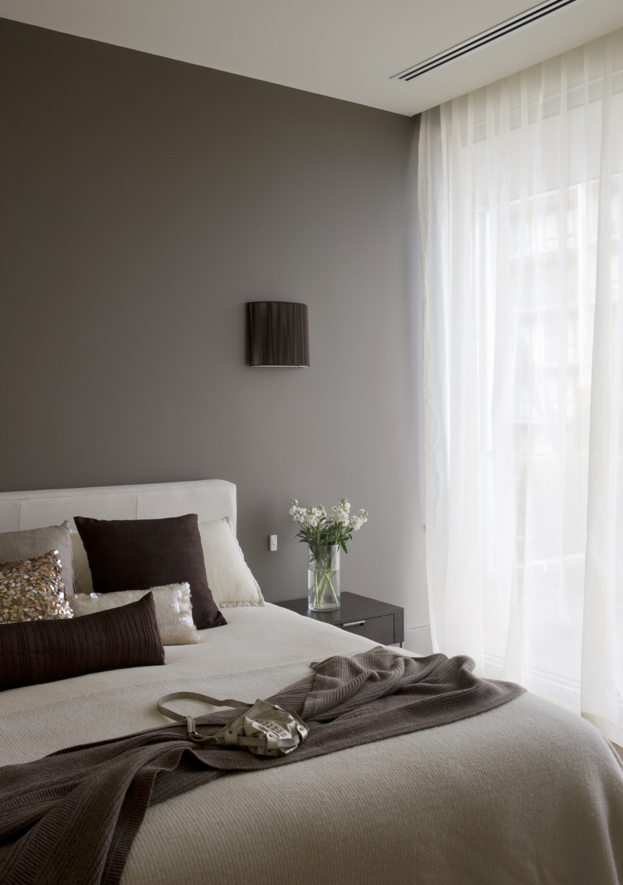 Master suite, featuring bed, linen, bedside table, timber bed, bed frame, bed sheet, bedroom, ceiling, curtain, floor, furniture, home, interior design, living room, room, suite, textile, wall, window, window blind, window covering, window treatment, wood, gray, white, black