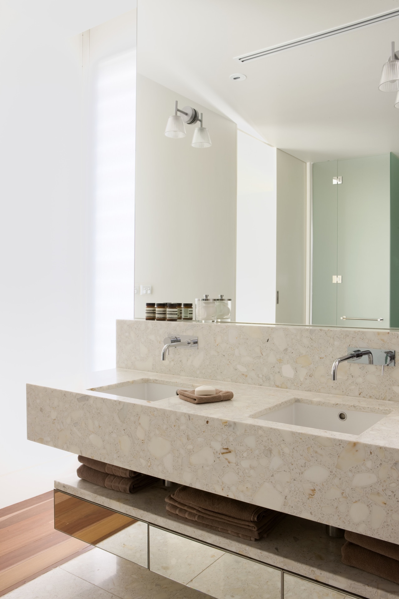 Bathroom, featuring vanity, twin basins, tapware, tiled floors bathroom, bathroom accessory, bathroom sink, floor, flooring, interior design, plumbing fixture, product design, room, sink, tap, tile, wood flooring, gray, white