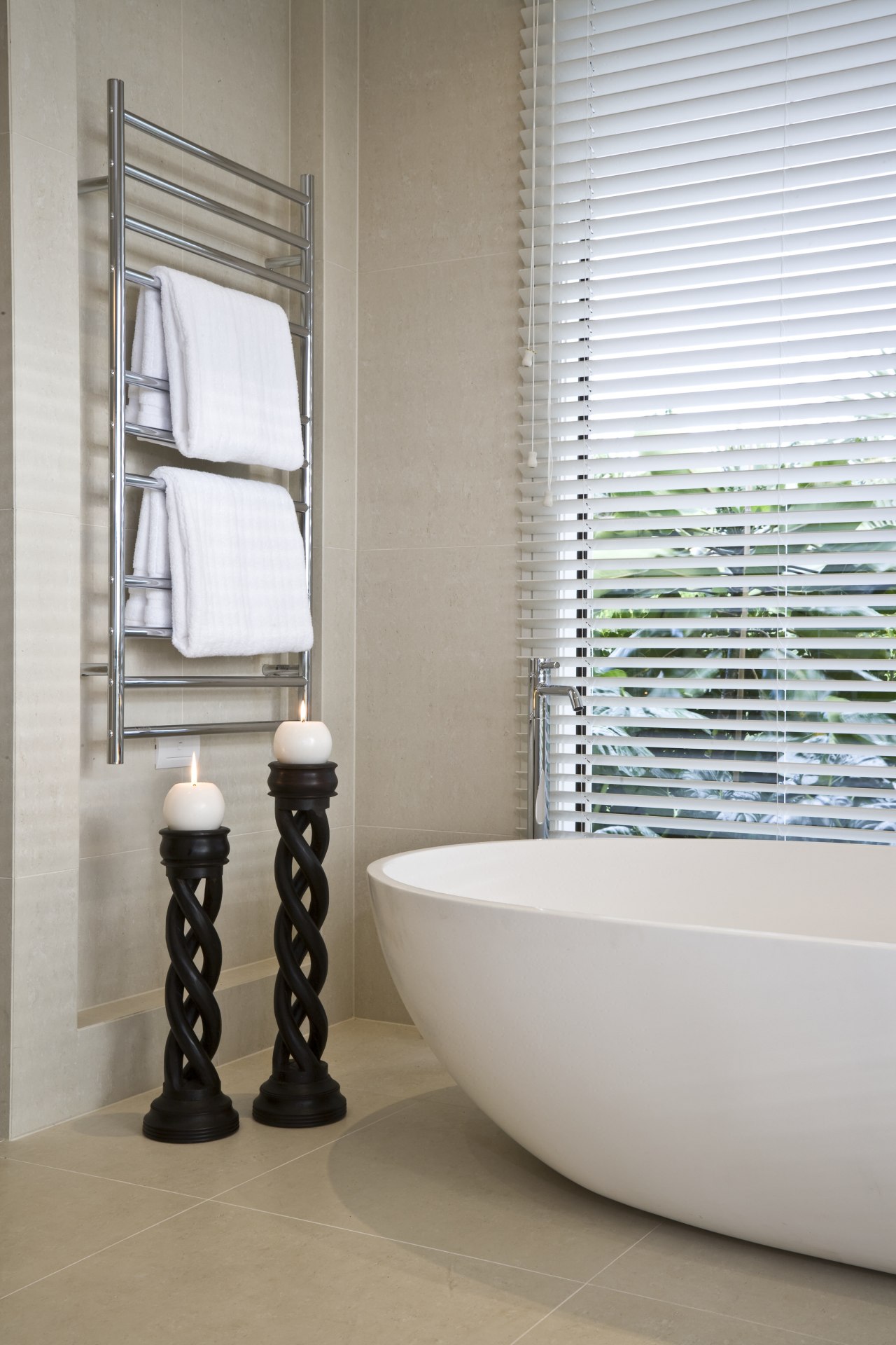 View of light-toned contemporary bathroom with white free bathroom, bathroom accessory, ceramic, curtain, floor, flooring, interior design, plumbing fixture, product design, room, tap, tile, window, window covering, window treatment, gray