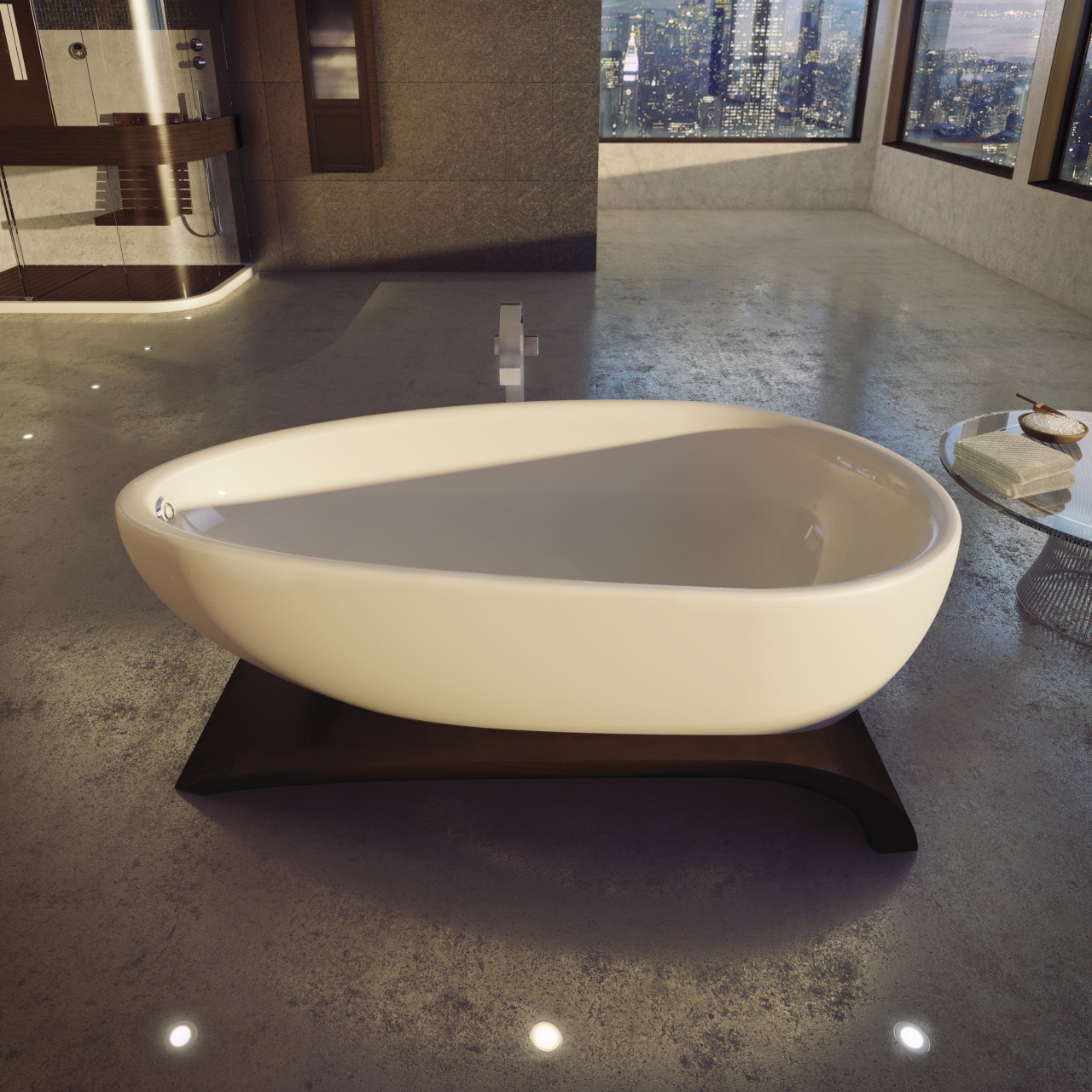 View of a freestanding egg-shaped Viaggi bathtub which bathroom sink, bathtub, ceramic, plumbing fixture, product design, sink, table, black, brown