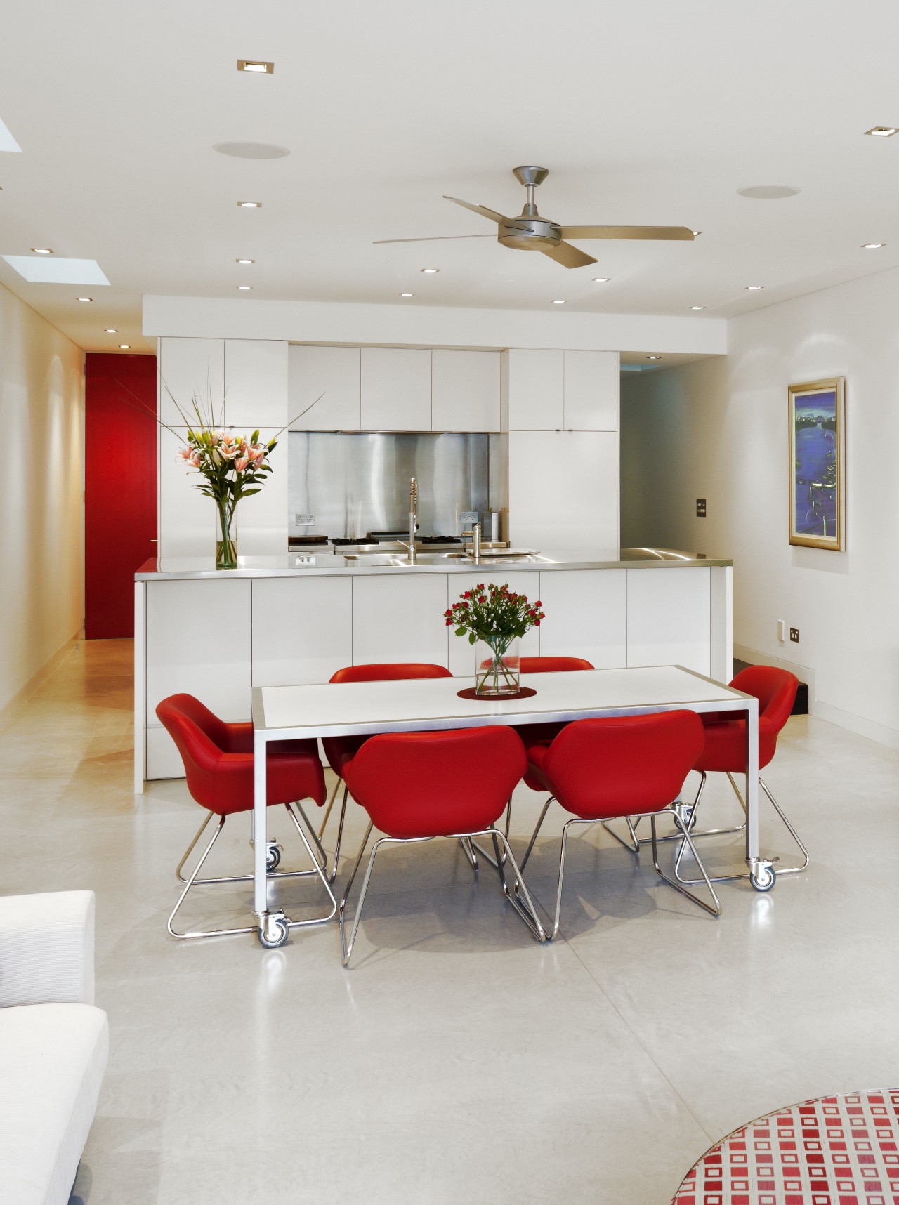 View of the open plan kitchen and dining architecture, ceiling, chair, dining room, floor, flooring, furniture, house, interior design, living room, real estate, room, table, gray