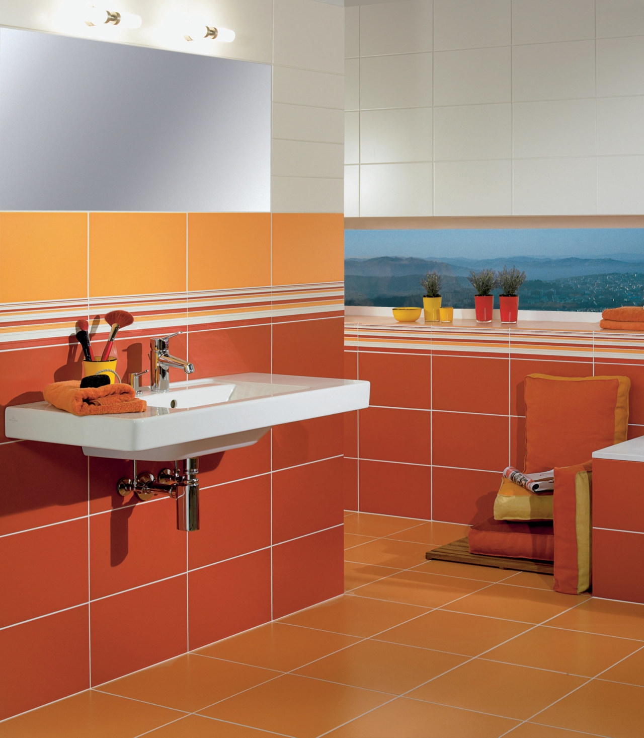 View of a bathroom which features products available bathroom, countertop, floor, flooring, furniture, interior design, kitchen, orange, product, product design, room, tile, wall, wood, wood flooring, red, gray