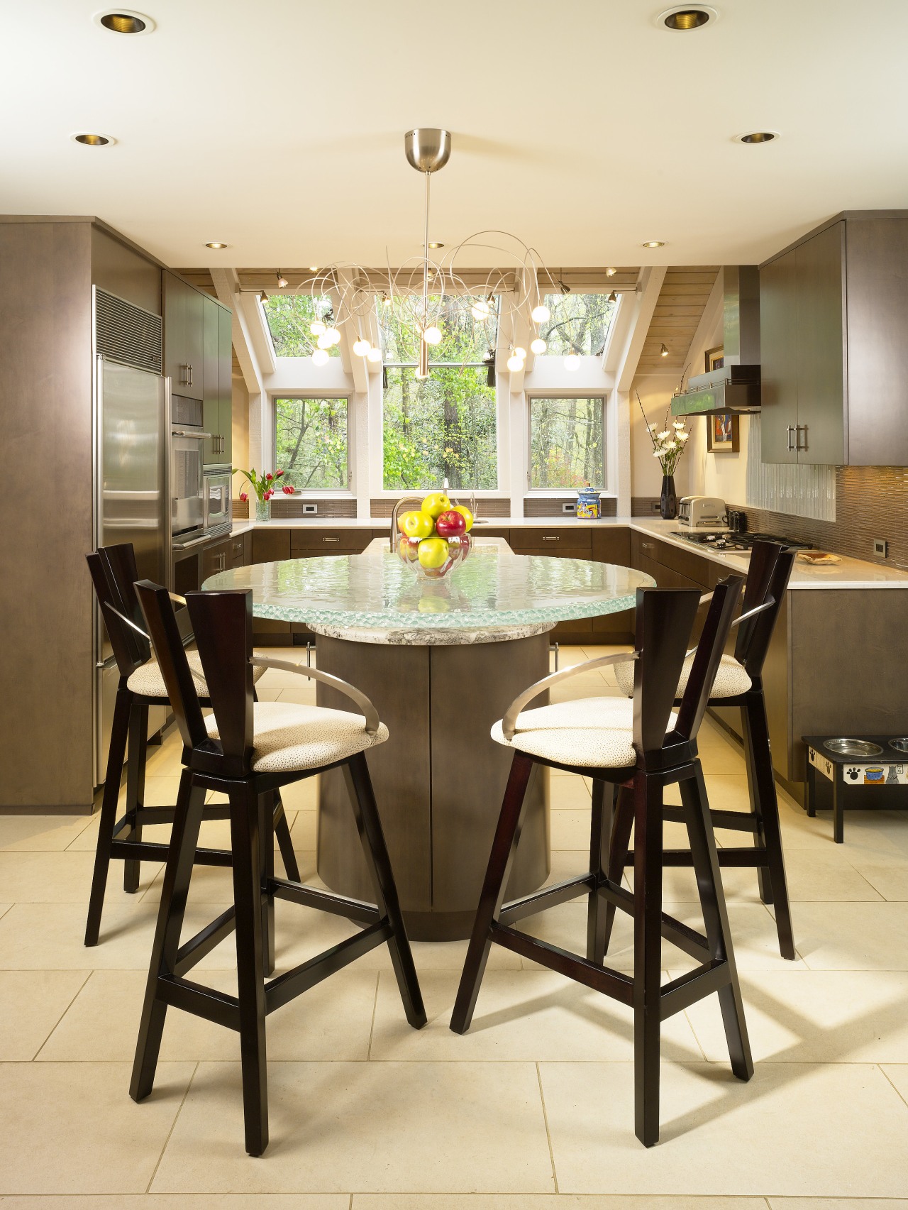 View of kitchen, glass; granite and stone countertops, chair, countertop, dining room, flooring, furniture, interior design, kitchen, room, table, yellow, brown, orange