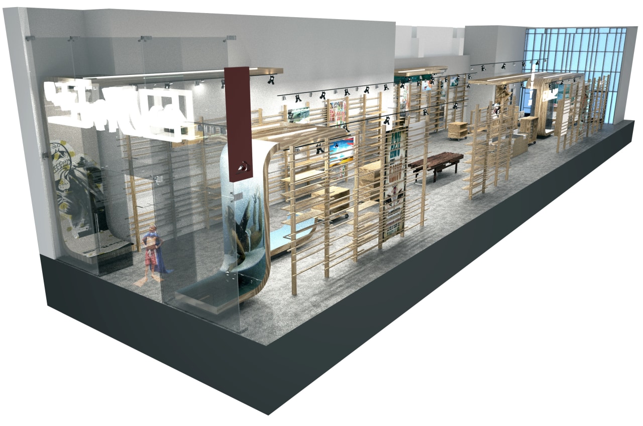 Schematic image of the Quicksilver store without any display case, glass, product, product design, white, gray