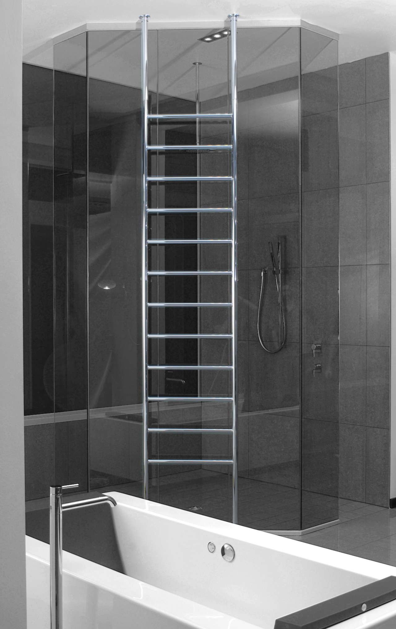 Image of a heated towel rail available from angle, bathroom, bathroom accessory, black and white, glass, plumbing fixture, product design, black