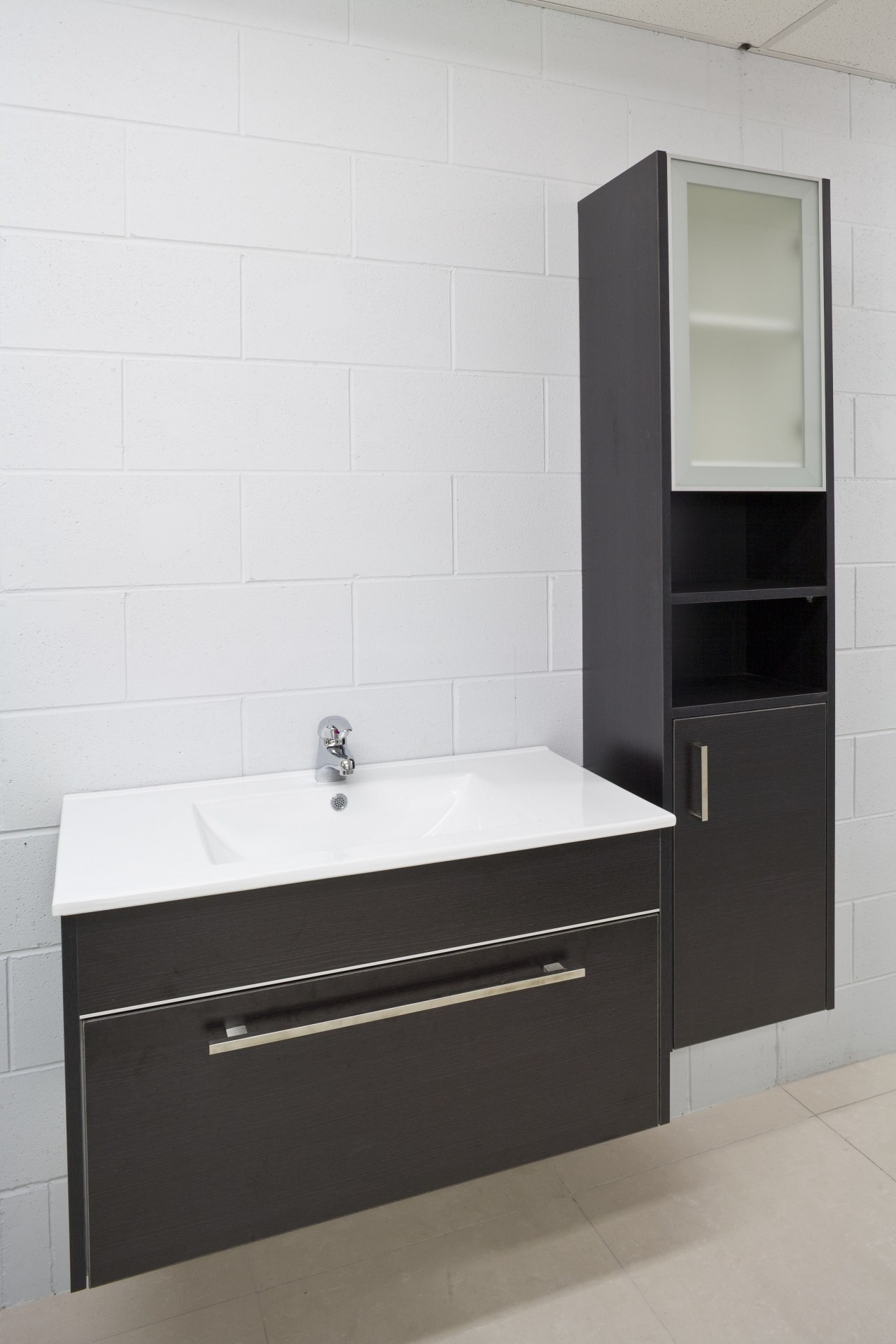 View of a bathroom vanity available from Apollo bathroom, bathroom accessory, bathroom cabinet, bathroom sink, floor, interior design, product, product design, sink, tap, tile, gray, white, black
