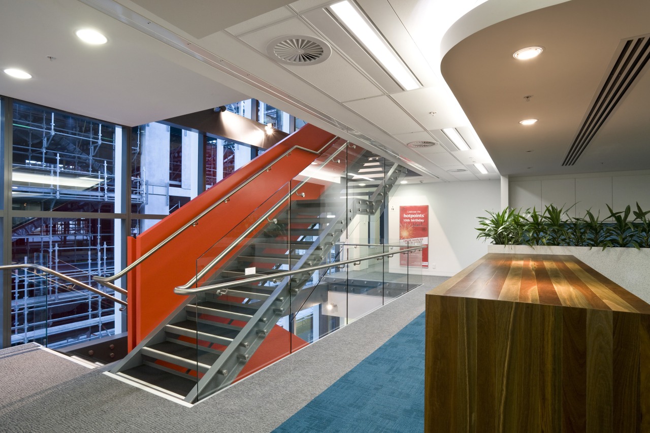 Interior view of the Westpac offices where Data architecture, ceiling, daylighting, handrail, interior design, leisure centre, real estate, stairs, gray