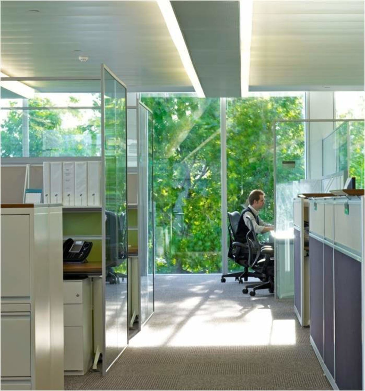 Interior view of an office area in a ceiling, glass, interior design, window, gray